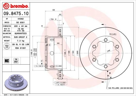 BREMBO 285x22mm, 6, internally vented, High-carbon Ø: 285mm, Num. of holes: 6, Brake Disc Thickness: 22mm Brake rotor 09.8475.10 buy