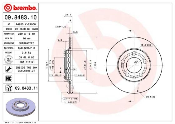 BREMBO 09.8483.10 Brake disc 239x18mm, 5, internally vented