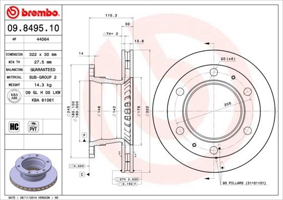 BREMBO 09.8495.10 Brake disc 322x30mm, 6, internally vented, High-carbon