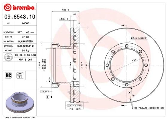 BREMBO 377x45mm, 8, internally vented, High-carbon Ø: 377mm, Num. of holes: 8, Brake Disc Thickness: 45mm Brake rotor 09.8543.10 buy