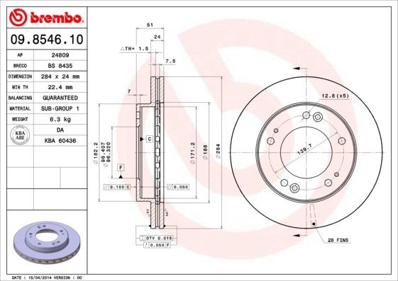 BREMBO 284x24mm, 5, internally vented Ø: 284mm, Num. of holes: 5, Brake Disc Thickness: 24mm Brake rotor 09.8546.10 buy