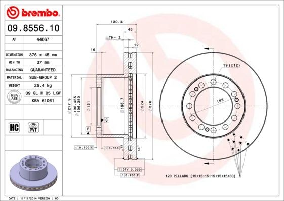 BREMBO 375x45mm, 12, internally vented, High-carbon Ø: 375mm, Num. of holes: 12, Brake Disc Thickness: 45mm Brake rotor 09.8556.10 buy
