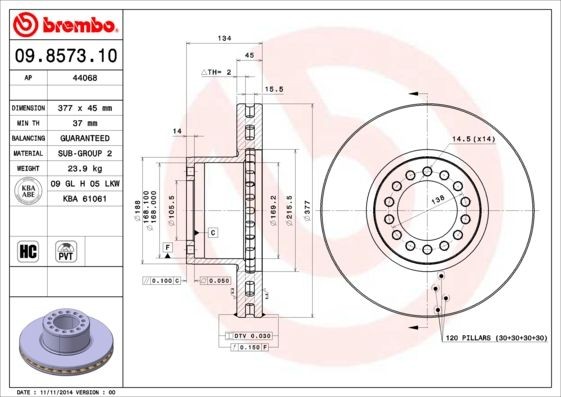 BREMBO 377x45mm, 14, internally vented, High-carbon Ø: 377mm, Num. of holes: 14, Brake Disc Thickness: 45mm Brake rotor 09.8573.10 buy