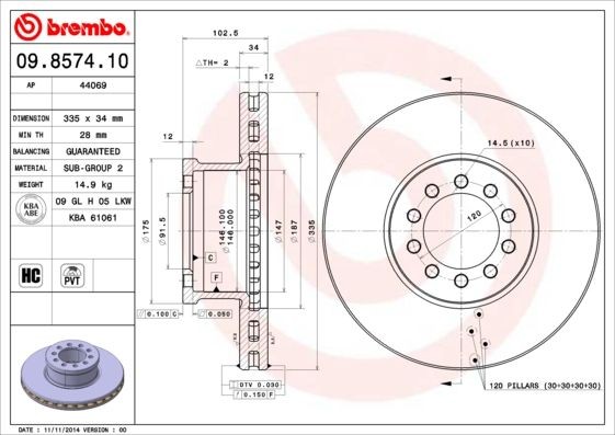 BREMBO 335x34mm, 10, internally vented, High-carbon Ø: 335mm, Num. of holes: 10, Brake Disc Thickness: 34mm Brake rotor 09.8574.10 buy