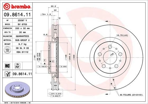 BREMBO COATED DISC LINE 09.8614.11 Brake disc 330x32mm, 5, internally vented, Coated, High-carbon
