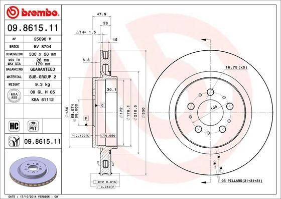 BREMBO COATED DISC LINE 09.8615.11 Brake disc 330x28mm, 5, internally vented, Coated, High-carbon
