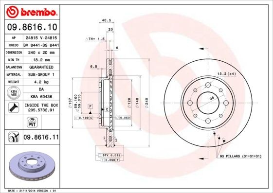 BREMBO 240x20mm, 4, internally vented Ø: 240mm, Num. of holes: 4, Brake Disc Thickness: 20mm Brake rotor 09.8616.10 buy