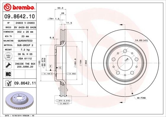BREMBO 302x26mm, 5, internally vented Ø: 302mm, Num. of holes: 5, Brake Disc Thickness: 26mm Brake rotor 09.8642.10 buy