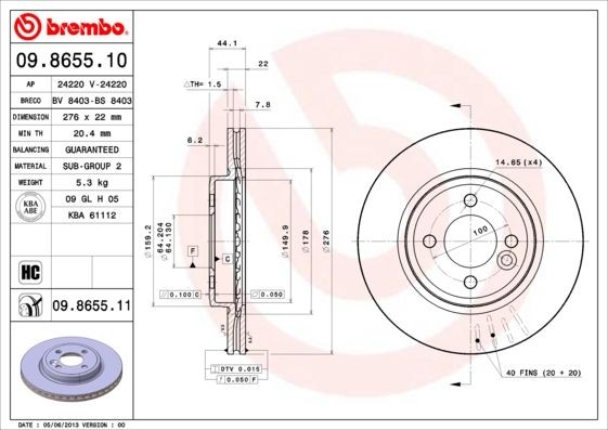 BREMBO 09.8655.10 Brake disc 276x22mm, 4, internally vented, High-carbon