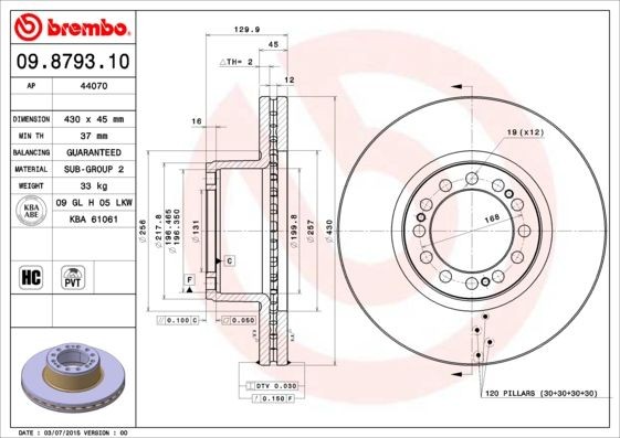 BREMBO 430x45mm, 12, internally vented, High-carbon Ø: 430mm, Num. of holes: 12, Brake Disc Thickness: 45mm Brake rotor 09.8793.10 buy