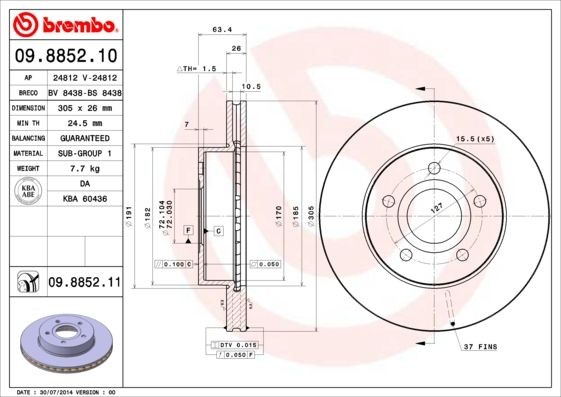 BREMBO 305x26mm, 5, internally vented Ø: 305mm, Num. of holes: 5, Brake Disc Thickness: 26mm Brake rotor 09.8852.10 buy