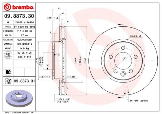 09.8873.31 Brake discs 09.8873.31 BREMBO 317x30mm, 5, internally vented, Coated, High-carbon