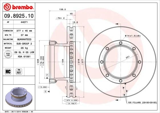 BREMBO 377x45mm, 8, internally vented, High-carbon Ø: 377mm, Num. of holes: 8, Brake Disc Thickness: 45mm Brake rotor 09.8925.10 buy