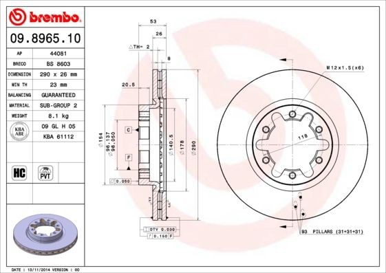 BREMBO 09.8965.10 Brake disc 290x26mm, 6, internally vented, High-carbon