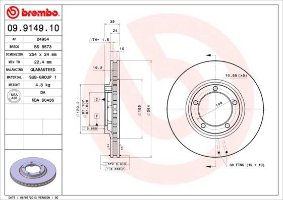 BREMBO 254x24mm, 5, internally vented Ø: 254mm, Num. of holes: 5, Brake Disc Thickness: 24mm Brake rotor 09.9149.10 buy