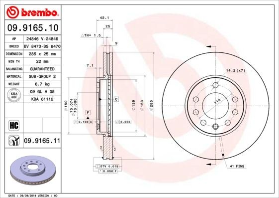 09.9165.11 Brake discs 09.9165.11 BREMBO 285x25mm, 5, internally vented, Coated, High-carbon