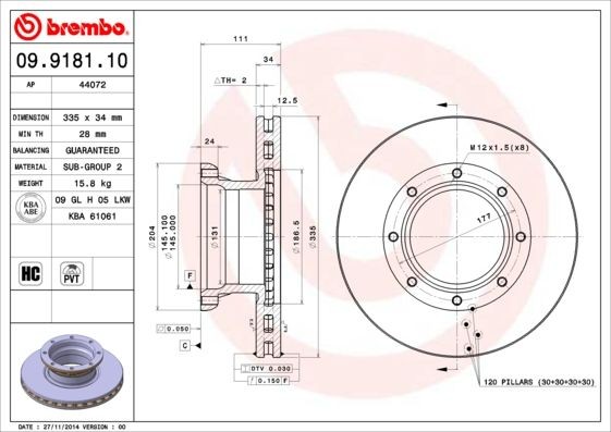 BREMBO 09.9181.10 Bremsscheibe für MERCEDES-BENZ ATEGO 3 LKW in Original Qualität