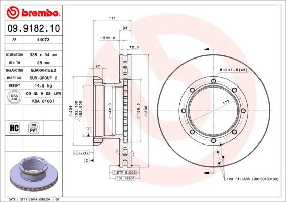 BREMBO 335x34mm, 8, internally vented, High-carbon Ø: 335mm, Num. of holes: 8, Brake Disc Thickness: 34mm Brake rotor 09.9182.10 buy