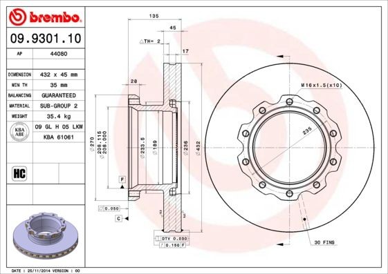 BREMBO 09.9301.10 Bremsscheibe für MAN F 90 LKW in Original Qualität