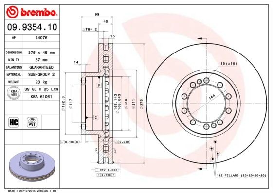 BREMBO 375x45mm, 10, internally vented, High-carbon Ø: 375mm, Num. of holes: 10, Brake Disc Thickness: 45mm Brake rotor 09.9354.10 buy