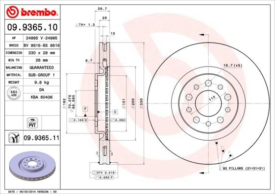 BREMBO 330x28mm, 5, internally vented Ø: 330mm, Num. of holes: 5, Brake Disc Thickness: 28mm Brake rotor 09.9365.10 buy