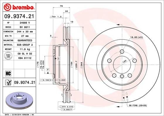 BREMBO COATED DISC LINE 09.9374.21 Brake disc 344x30mm, 5, internally vented, Coated, High-carbon
