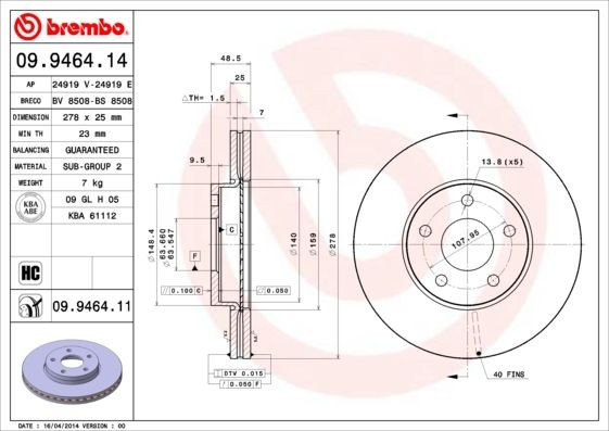 BREMBO 09.9464.11 Brake rotor 278x25mm, 5, internally vented, Coated, High-carbon