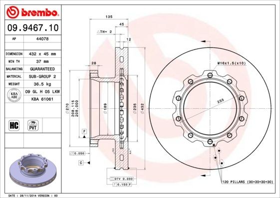 BREMBO 432x45mm, 10, internally vented, High-carbon Ø: 432mm, Num. of holes: 10, Brake Disc Thickness: 45mm Brake rotor 09.9467.10 buy