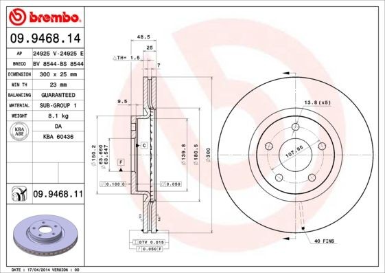 BREMBO 300x25mm, 5, internally vented Ø: 300mm, Num. of holes: 5, Brake Disc Thickness: 25mm Brake rotor 09.9468.14 buy