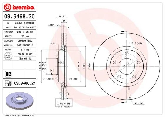 BREMBO 09.9468.20 Brake disc 300x25mm, 5, internally vented, High-carbon