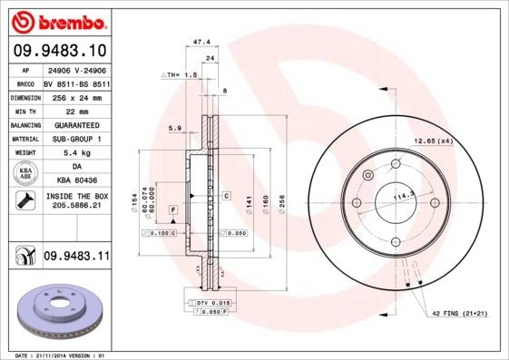 BREMBO 256x24mm, 4, internally vented Ø: 256mm, Num. of holes: 4, Brake Disc Thickness: 24mm Brake rotor 09.9483.10 buy