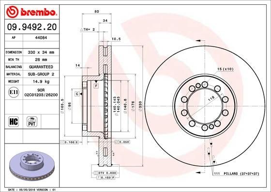 BREMBO 09.9492.20 Brake disc 330x34mm, 10, internally vented, High-carbon