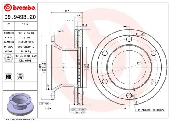 BREMBO 09.9493.20 Brake disc 330x34mm, 6, internally vented, High-carbon