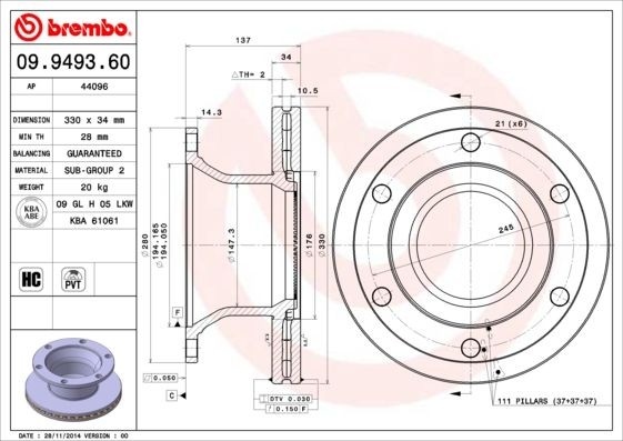 BREMBO 330x34mm, 6, internally vented, High-carbon Ø: 330mm, Num. of holes: 6, Brake Disc Thickness: 34mm Brake rotor 09.9493.60 buy