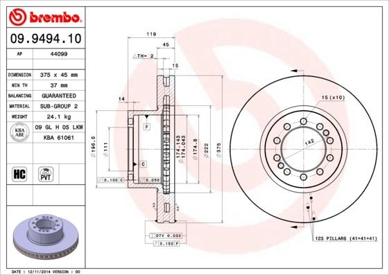 BREMBO 375x45mm, 10, internally vented, High-carbon Ø: 375mm, Num. of holes: 10, Brake Disc Thickness: 45mm Brake rotor 09.9494.10 buy