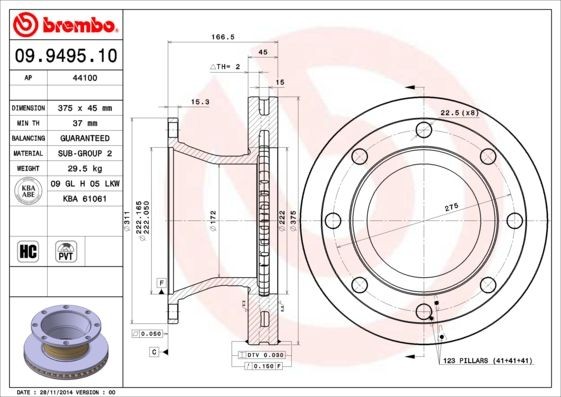 BREMBO 375x45mm, 8, internally vented, High-carbon Ø: 375mm, Num. of holes: 8, Brake Disc Thickness: 45mm Brake rotor 09.9495.10 buy