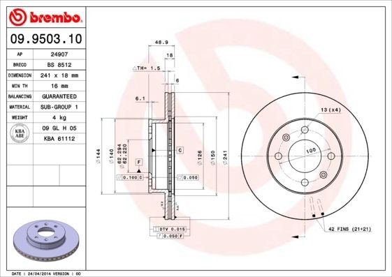 BREMBO 09.9503.10 Brake rotor 241x18mm, 4, internally vented, High-carbon
