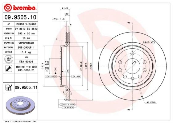 BREMBO 292x20mm, 5, internally vented Ø: 292mm, Num. of holes: 5, Brake Disc Thickness: 20mm Brake rotor 09.9505.10 buy