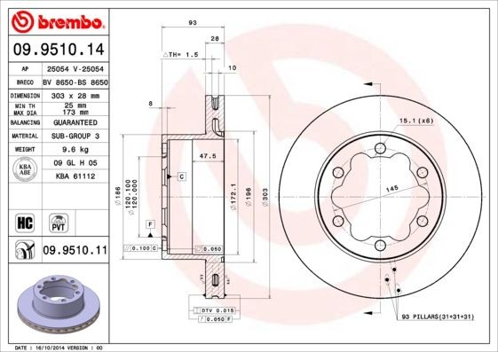 BREMBO 303x28mm, 6, internally vented, High-carbon Ø: 303mm, Num. of holes: 6, Brake Disc Thickness: 28mm Brake rotor 09.9510.14 buy