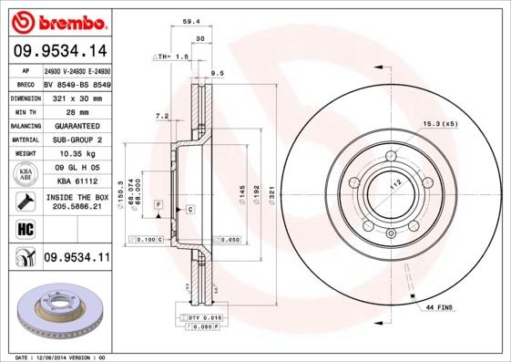 BREMBO 321x30mm, 5, internally vented, High-carbon Ø: 321mm, Num. of holes: 5, Brake Disc Thickness: 30mm Brake rotor 09.9534.14 buy