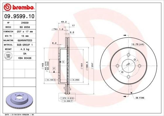 BREMBO 257x17mm, 4, internally vented Ø: 257mm, Num. of holes: 4, Brake Disc Thickness: 17mm Brake rotor 09.9599.10 buy