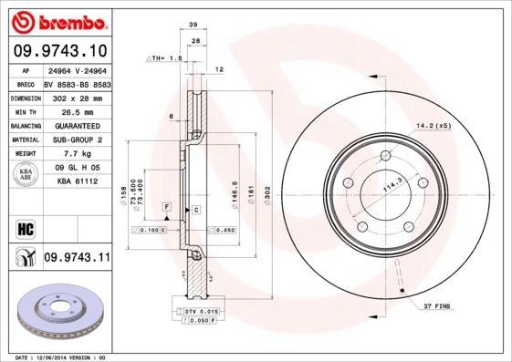BREMBO 302x28mm, 5, internally vented, High-carbon Ø: 302mm, Num. of holes: 5, Brake Disc Thickness: 28mm Brake rotor 09.9743.10 buy