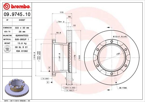 BREMBO 322x30mm, 6, internally vented Ø: 322mm, Num. of holes: 6, Brake Disc Thickness: 30mm Brake rotor 09.9745.10 buy