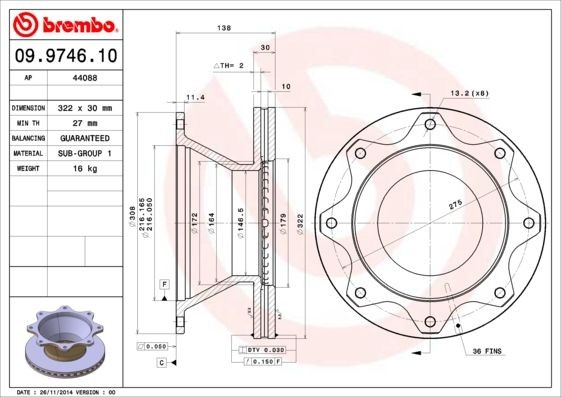 BREMBO 322x30mm, 8, internally vented Ø: 322mm, Num. of holes: 8, Brake Disc Thickness: 30mm Brake rotor 09.9746.10 buy