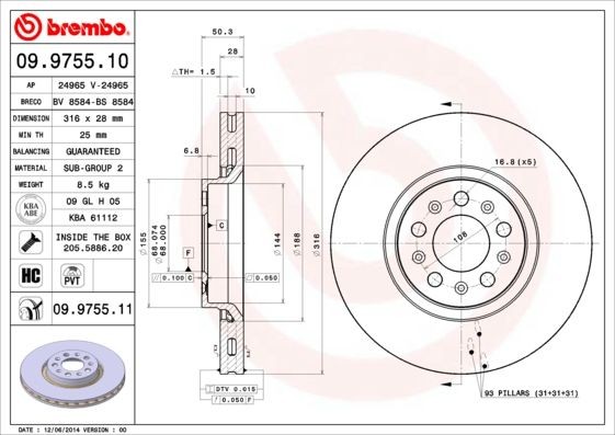 BREMBO 316x28mm, 5, internally vented, High-carbon Ø: 316mm, Num. of holes: 5, Brake Disc Thickness: 28mm Brake rotor 09.9755.10 buy
