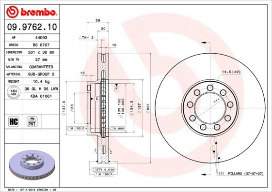 BREMBO 09.9762.10 Brake disc 301x30mm, 9, internally vented, High-carbon