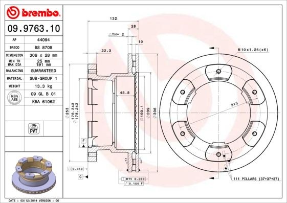 BREMBO 306x28mm, 6, internally vented Ø: 306mm, Num. of holes: 6, Brake Disc Thickness: 28mm Brake rotor 09.9763.10 buy