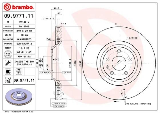 BREMBO COATED DISC LINE 340x30mm, 5, internally vented, Coated, High-carbon Ø: 340mm, Num. of holes: 5, Brake Disc Thickness: 30mm Brake rotor 09.9771.11 buy