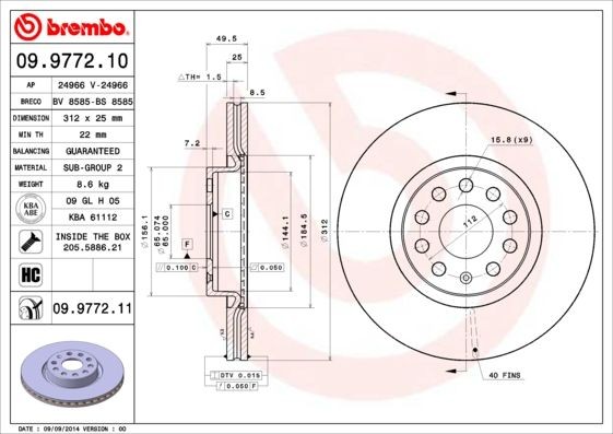 BREMBO 09.9772.10 Brake disc 312x25mm, 5, internally vented, High-carbon