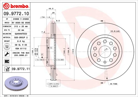 Disco freno 09.9772.11 BREMBO 312x25mm, 5, ventilazione interna, rivestito, ad alto tenore di carbonio, con bulloni/viti